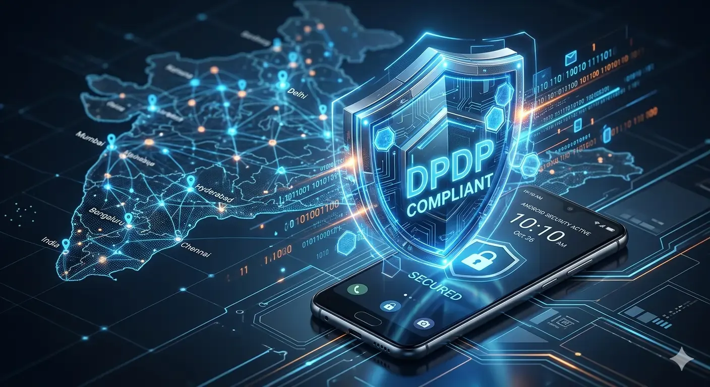 MDQuality Apps Solutions Android security shield illustration for DPDP Act compliance in India, featuring biometric data protection and secure cloud nodes.